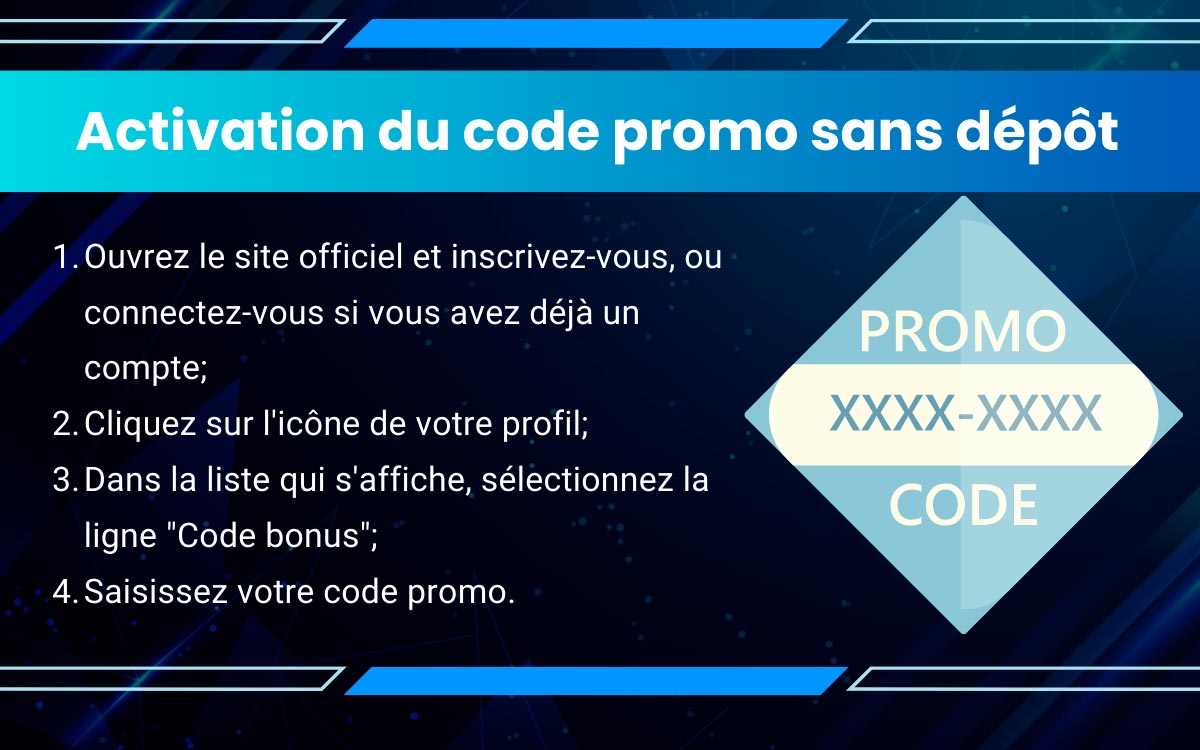 Activation du code promo sans dépôt de 1Win Casino L'un des bonus les plus courants et les plus lucratifs sur notre plateforme 1Win est le code promo sans dépôt. Un code promo est un ensemble de chiffres et de lettres aléatoires qui, lorsqu'il est activé, donne un certain avantage au joueur. Il peut s'agir d'un pari gratuit, de tours gratuits et de bien d'autres choses encore, qui augmenteront les chances de gagner. Les codes promo sans dépôt offrent encore plus d'avantages, car ils ne nécessitent aucun investissement monétaire, il suffit de les activer.