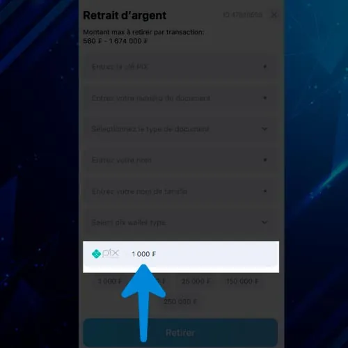 Saisissez le montant que vous souhaitez retirer de votre compte PC 1Win