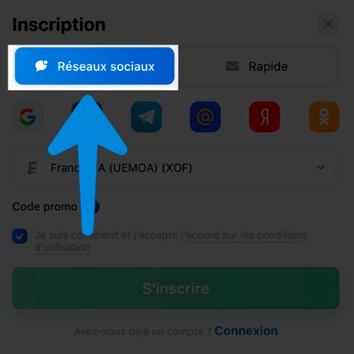 Sélectionnez "Réseaux sociaux" sur 1Win
