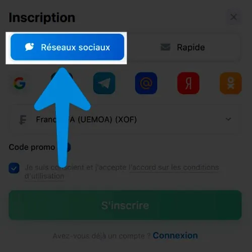 Sélectionnez "Réseaux sociaux" sur 1Win