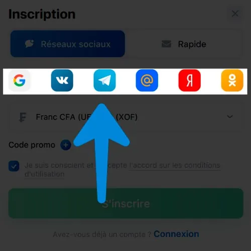 Saisissez les données « login et mot de passe » du réseau social pour l'inscription sur 1Win