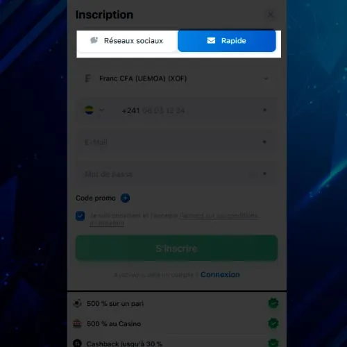 Choisissez l'inscription via les réseaux sociaux ou l'inscription rapide en 1win