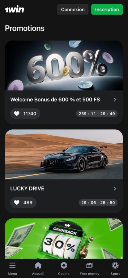 Page des bonus de l'application 1win