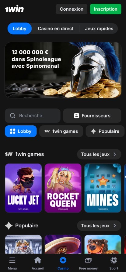 Page du casino de l'application 1win