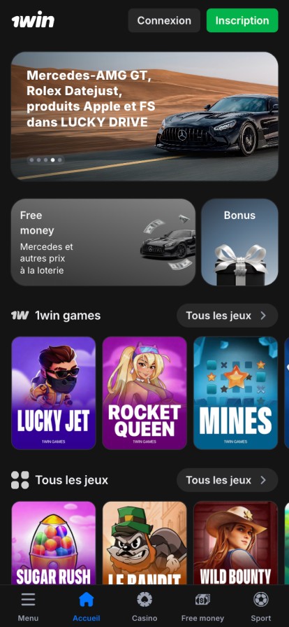 Page d'accueil de l'application 1win