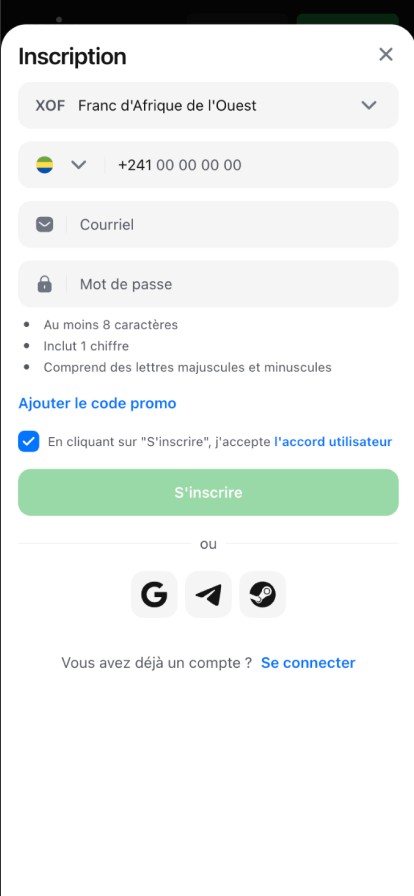 Page d'inscription à l'application 1win