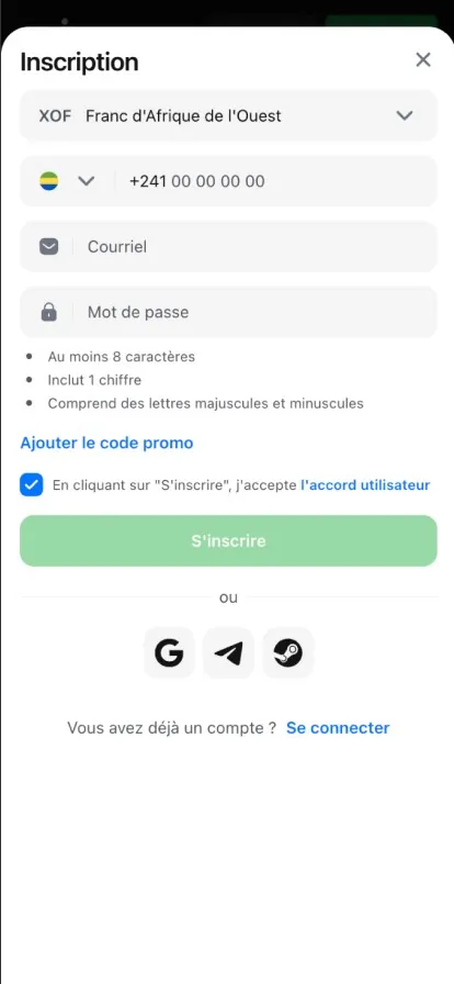 Page d'inscription à l'application 1win