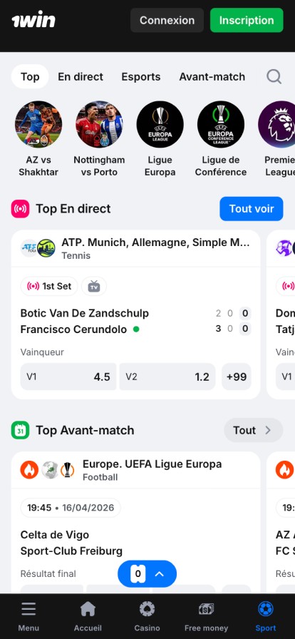Page « Sports » de l'application 1win