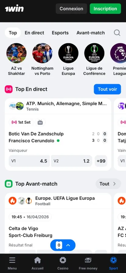 Page « Sports » de l'application 1win